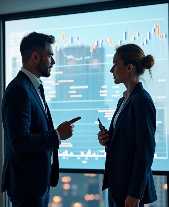 Two professionals in a modern office having a focused discussion over financial charts without compromise.