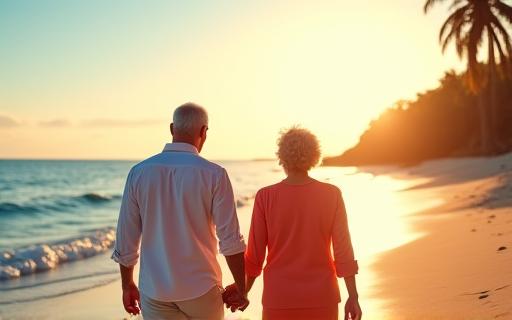 A mature, happy couple enjoying a walk on a sunny beach, representing a peaceful and secure retirement.